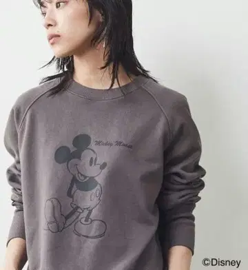 DISNEY 미키 프린트 피그먼트 염색 속기모 맨투맨 새상품급