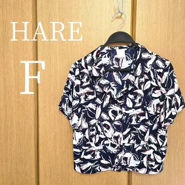 새상품급 HARE/하레 오픈 카라 셔츠 보태니컬 무늬 네이비 F