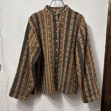 레어 빈티지 고블랑 직조 노카라 브라운 스트라이프 자켓