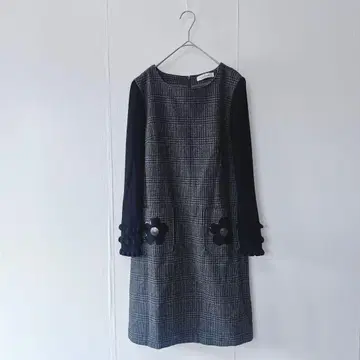 갤러리 비스콘티 글렌체크 꽃 원피스 긴팔 울 혼방