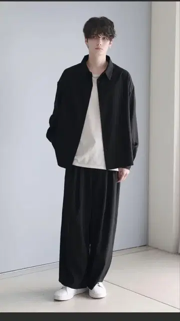 면 린넨 셔츠 & 터치 와이드 배기 슬랙스 세트업 S