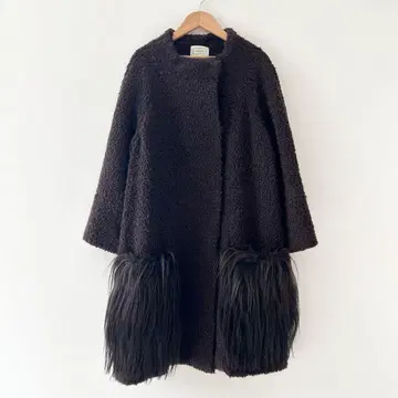 AGNONA 롱 코트 포켓 퍼 브라운 알파카 42