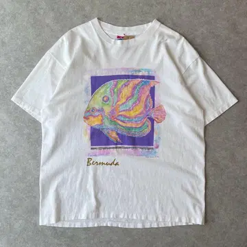 90s Bermuda 물고기 아트 T셔츠 빈티지 구제 의류 컬러풀 화이트