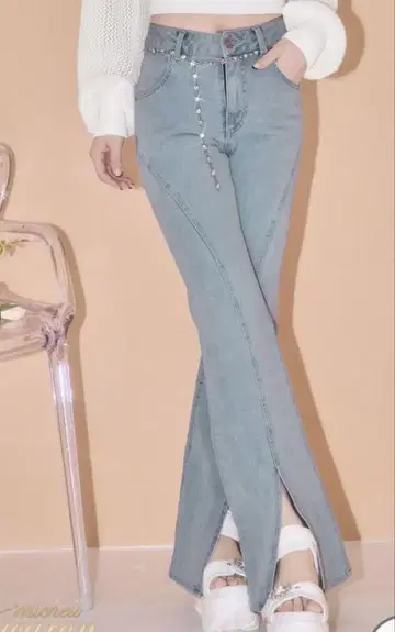 [ 완판템 ] 비쥬 벨트 슬릿 데님 팬츠