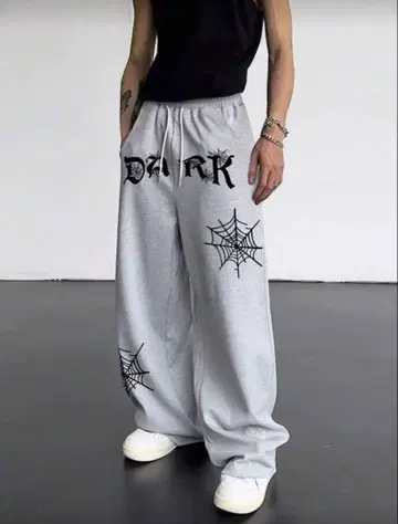 그레이 와이드 팬츠 거미줄 프린트