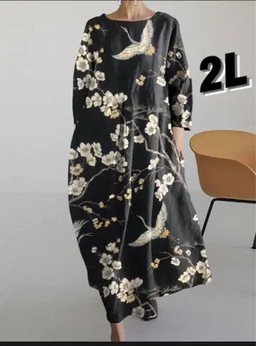 일본풍 패턴 학과 벚꽃 꽃 롱 원피스 블랙 베이스 2L