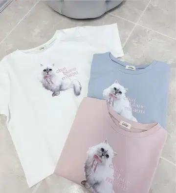 화이트 고양이 T셔츠 핑크