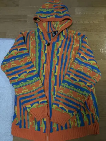 컬러풀 기하학 패턴 coogi 스타일 후드 부착 니트 자켓