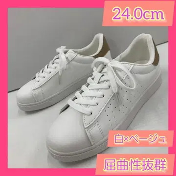 24.0cm 새상품 여성용 스니커즈 경량 인조 가죽 신발 화이트 베이지