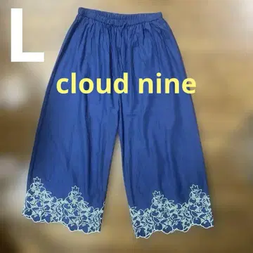 cloud nine 네이비 와이드 팬츠 자수 디자인 허리밴딩