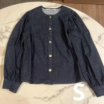 새상품 ZARA 퍼프 슬리브 데님 셔츠 자켓 노카라 인디고 S