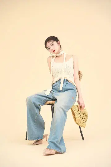 실크 소재 데님 와이드 팬츠 키누짱