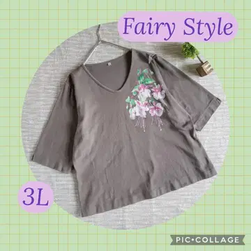 FairyStyle 플라워 프린트 T셔츠 2 3L V넥 그레이 레어
