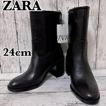 새상품 ZARA 숏부츠 블록힐 부츠 가죽 블랙 24cm