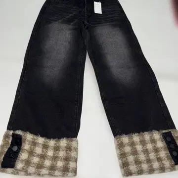 미사용 새상품 블랙 데님 와이드 레그 팬츠 체크 보아