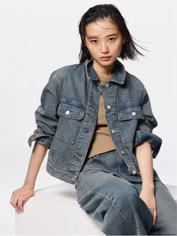 GU 데님 블루종 배럴 레그 청바지 BLUE 리브 크롭 T 미사용 새상품