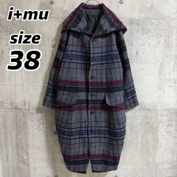 임 센소유니코 i+mu 체크 코트 롱 아우터 블루종 38