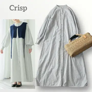 Crisp 크리스프 코튼 밴드 카라 스트라이프 셔츠 원피스