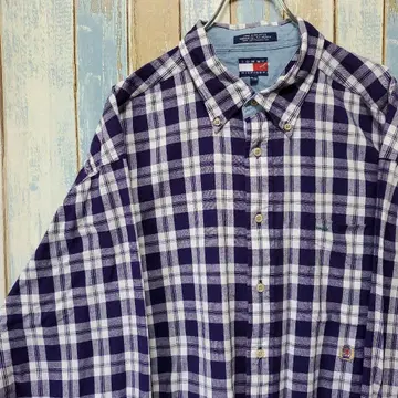 1078 타미힐피거 BD 셔츠 원포인트 자수 로고 체크 90s