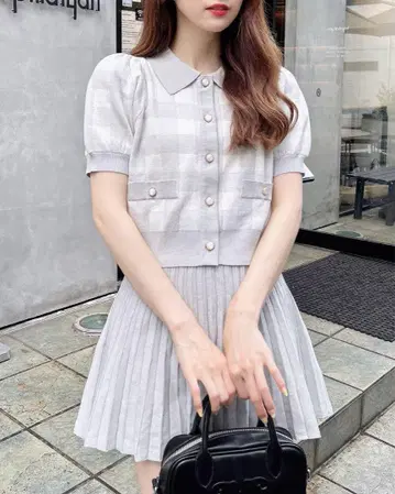 새상품 옷깃 체크 무늬 반팔 니트 가디건 셋업