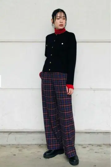플라스테 PLST 레이온 블렌드 체크 와이드 팬츠 캐주얼 팬츠 팬츠