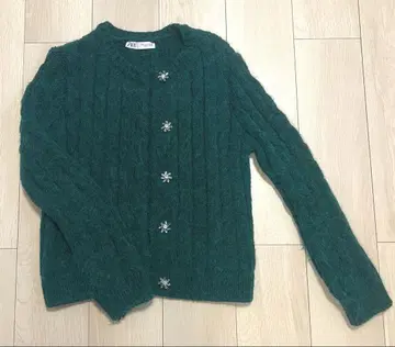 ZARA 그린 리브 가디건 플라워 비쥬 버튼 M 사이즈