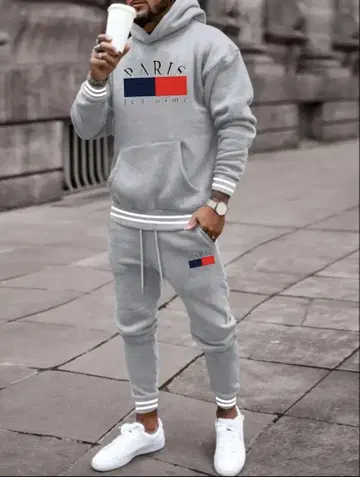 [ PARIS 로고 ] 그레이 후드 부착 맨투맨 세트 셋업