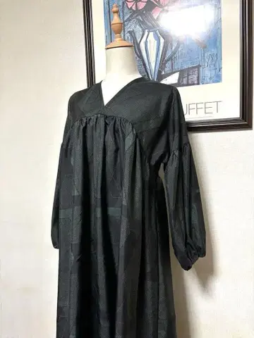 오시마 명주 V넥 개더 원피스 기모노 리메이크 실크 핸드메이드