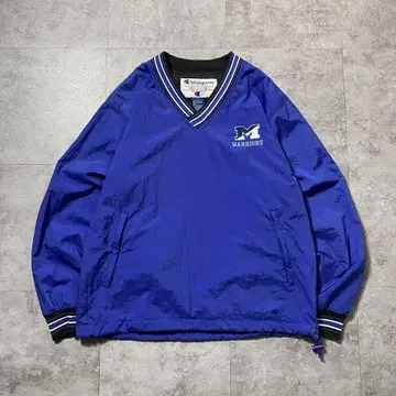 90's 챔피온 자수 기업 로고 라인 리브 블루 나일론 풀오버