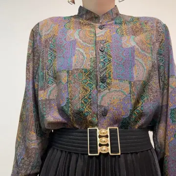 빈티지 오리엔탈 올 패턴 하이넥 밴드 카라 셔츠