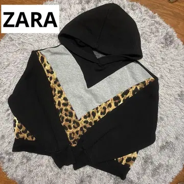 ZARA 바이컬러 레오파드 무늬 숏 기장 크롭 후드티 맨투맨 M