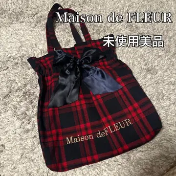 미사용품 Maison de FLEUR 체크 무늬 리본 토트백