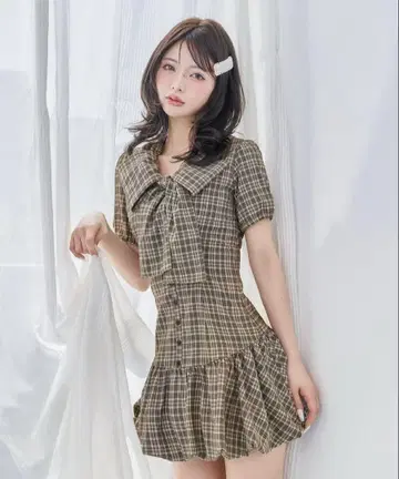 Darich 빅 리본 벌룬 체크 미니 원피스