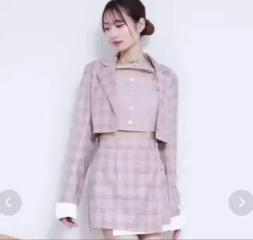 체크 디자인 자켓 셋업 스커트 자켓 핑크