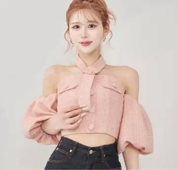 darich 홀터넥 오프숄더 트위드 상의