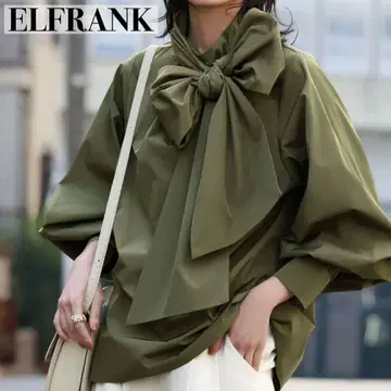 새상품급 ELFRANK 빅 보타이 리본 볼륨 블라우스 [세탁 가능] 카키
