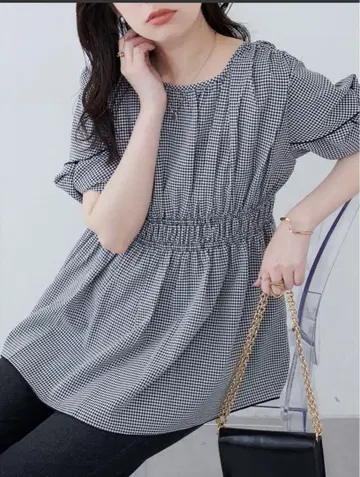 미사용 반팔 체크 무늬 블라우스 osono 나사 소매 페플럼 튜닉 내추럴