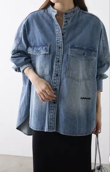 PUAL CE CIN 빈티지 데님 밴드 카라 셔츠 블루