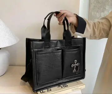 블랙 가죽 크로스 패치 토트백