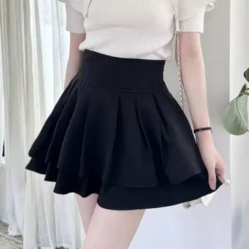 블랙 플레어 스커트 이단 프릴 걸리시