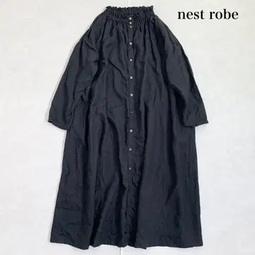 네스트로브 프릴 칼라 개더 원피스 린넨 블랙