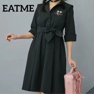 EATME 블랙 셔츠 원피스 반팔 허리 리본
