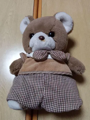 브라운 체크 무늬 의류를 입은 곰 봉제 인형
