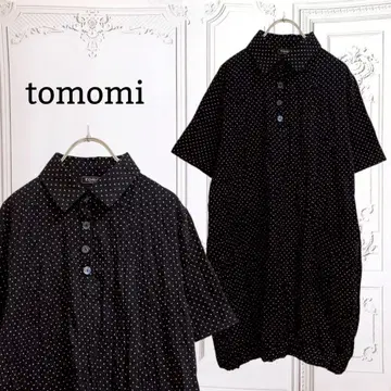 [ tomomi ] 롱 셔츠 원피스 반팔 [ F ] 블랙 블랙 도트 도트