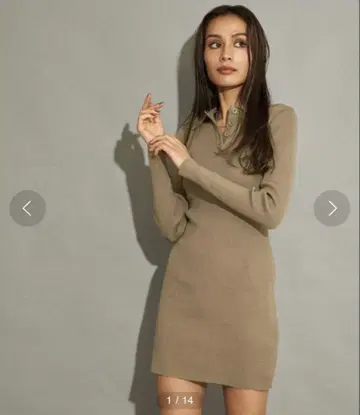 폴로 칼라 리브 니트 미니 원피스 베이지