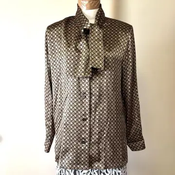 Aquascutum 브라운 패턴 리본 긴팔 셔츠 실크