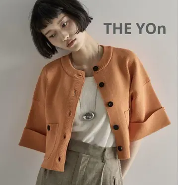 THE YOn 오렌지 밴딩 반팔 크롭 니트 가디건