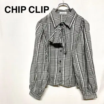 CHIP CLIP 긴팔 셔츠 체크 무늬 레귤러 기장 리본 소매 와이드