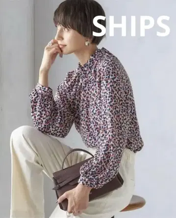 SHIPS 넥 개더 프린트 블라우스 긴팔