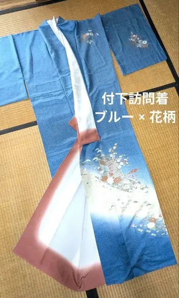 [ 새상품급 기모노 ] 츠케시타 호몬기 파란색 꽃무늬 자수 긴팔 블루